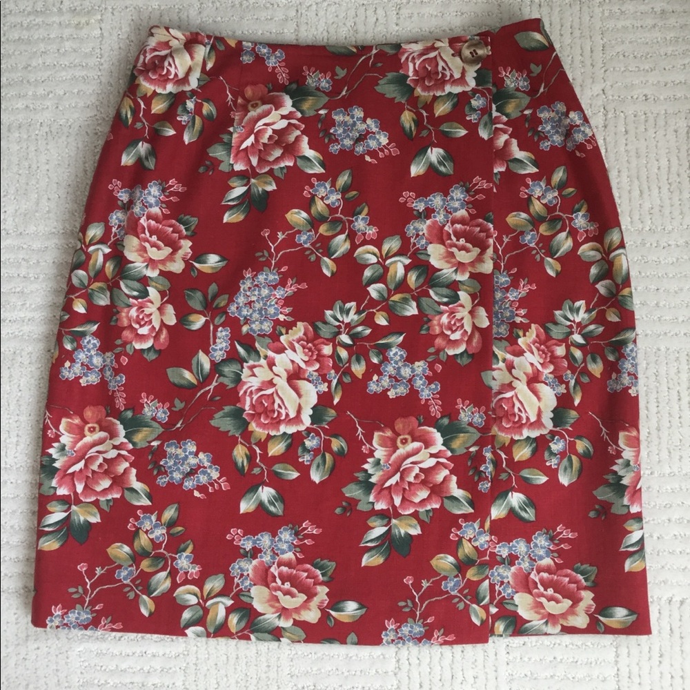 Vintage Red Floral Faux Wrap Skirt
